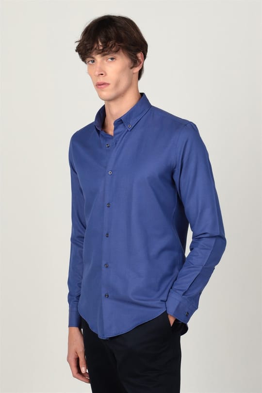 Slim Fit Uzun Kollu Düğmeli Yaka Pamuklu Kolay Ütü Düz Erkek Gömlek