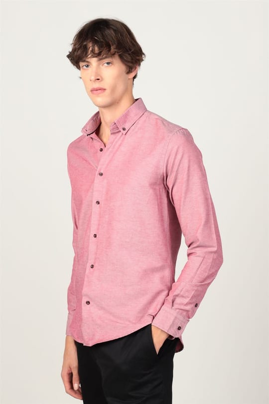 Slim Fit Uzun Kollu Düğmeli Yaka Pamuklu Kolay Ütü Düz Erkek Gömlek