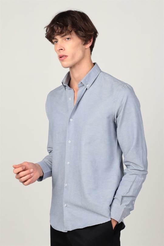 Slim Fit Uzun Kollu Düğmeli Yaka Pamuklu Kolay Ütü Düz Erkek Gömlek