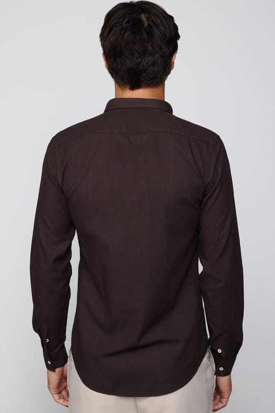 Slim Fit Uzun Kollu Flam Pamuk Yaka İçi Biyeli Kahverengi Erkek Gömlek