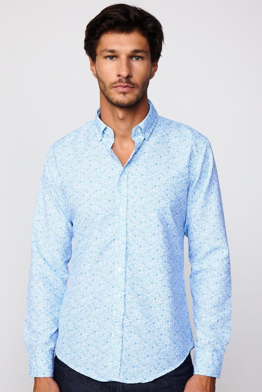 Slim Fit Uzun Kollu Baskılı Desenli Kolay Ütü Yaka Düğmeli Beyaz Gömlek