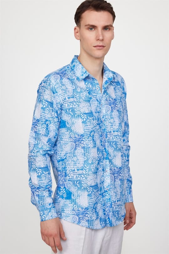 Slim Fit Uzun Kollu Baskılı Desenli Kolay Ütü Yaka Düğmeli Sax Mavi Gömlek