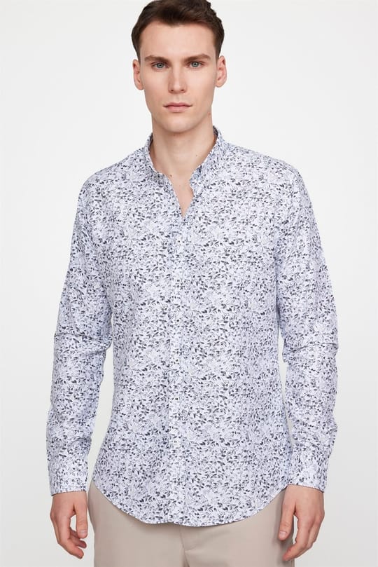 Slim Fit Baskılı Desenli Kolay Ütü Yaka Düğmeli Gömlek