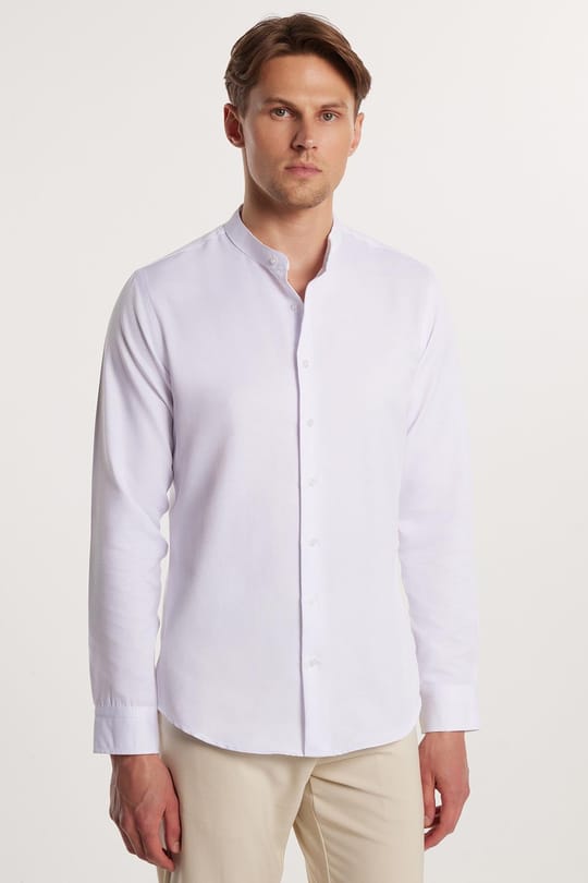 Erkek Slim Fit Dar Kesim Uzun Kollu Pamuklu Beyaz Hakim Yaka Gömlek