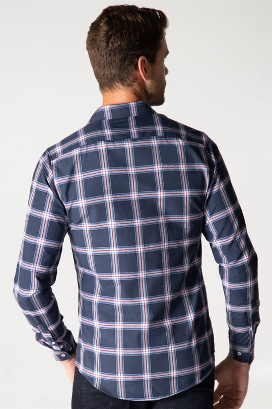 Slim Fit Uzun Kollu Kareli Pamuklu Kolay Ütü Erkek Lacivert Gömlek