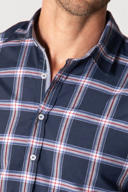 Slim Fit Uzun Kollu Kareli Pamuklu Kolay Ütü Erkek Lacivert Gömlek