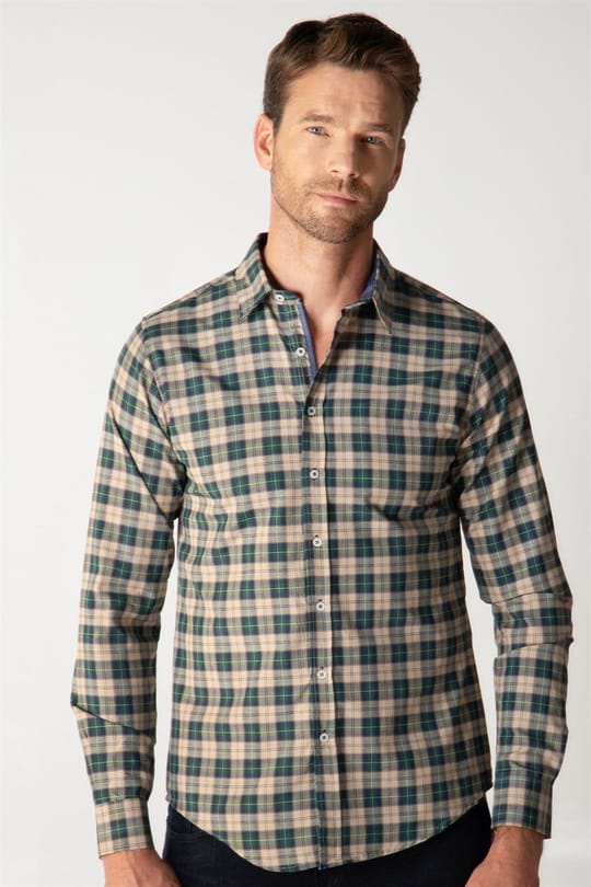 Slim Fit Uzun Kol Kareli Garnili Erkek Gömlek
