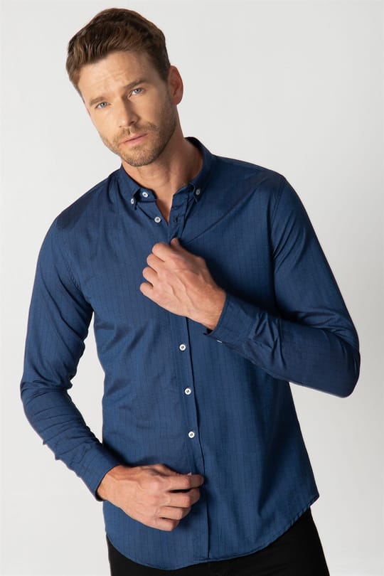 Slim Fit Uzun Kollu Düğmeli Yaka Pamuklu Kolay Ütü Çizgili Erkek Gömlek