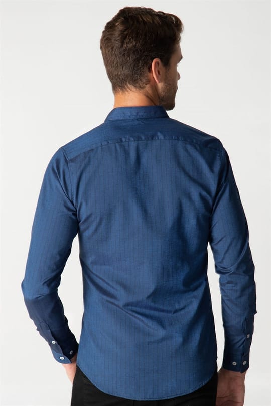 Slim Fit Uzun Kollu Düğmeli Yaka Pamuklu Kolay Ütü Çizgili Erkek Gömlek