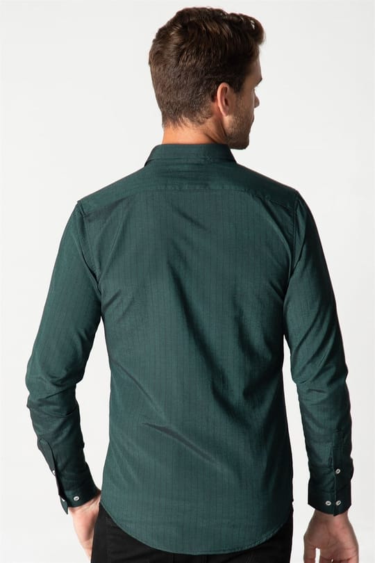 Slim Fit Uzun Kollu Düğmeli Yaka Pamuklu Kolay Ütü Çizgili Erkek Gömlek