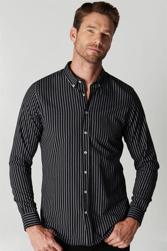 Slim Fit Uzun Kol Çizgili Spor Yaka Poplin Erkek Gömlek