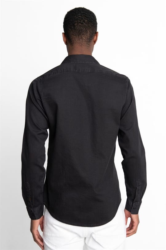 Slim Fit Uzun Kollu Biyeli Erkek Denim Kot Siyah Gömlek
