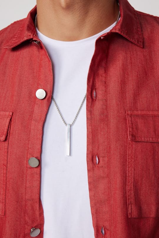 Slim Fit Uzun Kollu Denim Kot Parça Boyalı Çift Cep Kapaklı Metal Düğme Erkek Kırmızı Gömlek