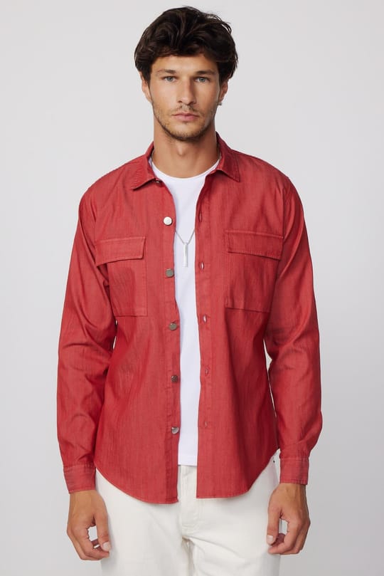 Slim Fit Uzun Kollu Denim Kot Parça Boyalı Çift Cep Kapaklı Metal Düğme Erkek Kırmızı Gömlek