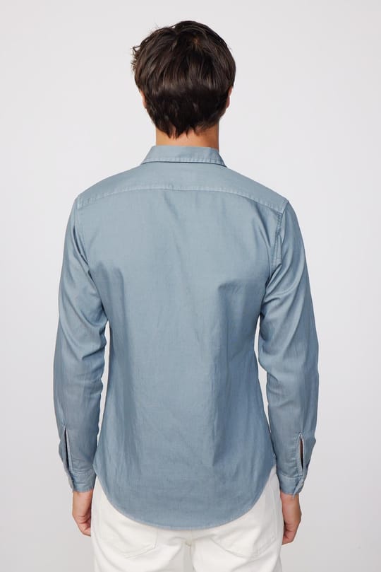 Slim Fit Uzun Kollu Denim Kot Parça Boyalı Çift Cep Kapaklı Metal Düğme Erkek Gri Gömlek