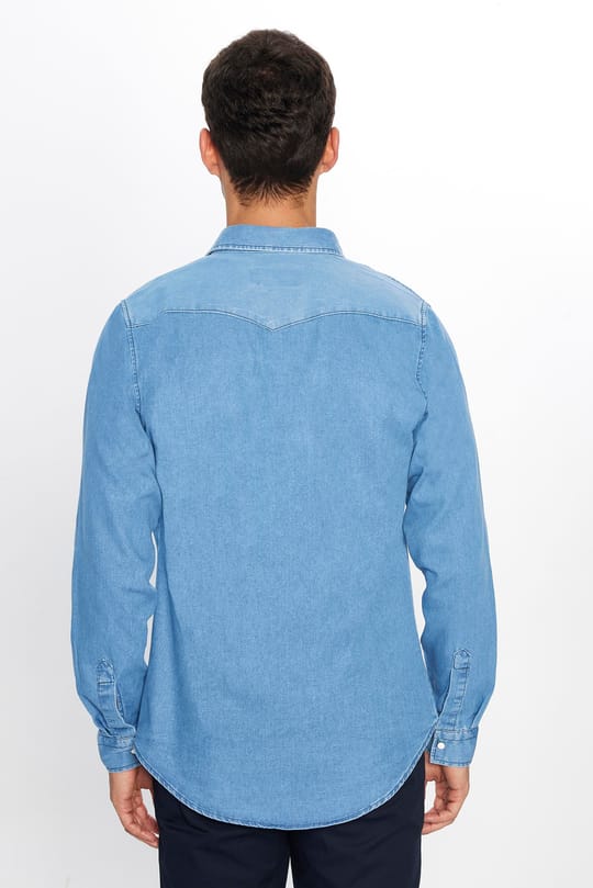 Erkek Slim Fit Dar Kesim Uzun Kollu Çift Cepli Kapaklı Parça Dikişli Mavi Denim Kot Gömlek