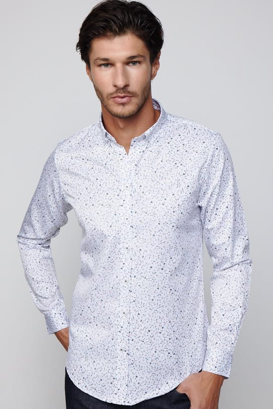Slim Fit Uzun Kollu Düğmeli Yaka Pamuklu Kolay Ütü Desenli Erkek Gömlek