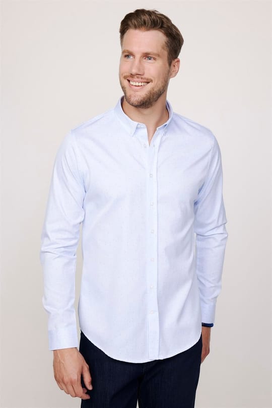 Slim Fit Uzun Kollu Düğmeli Yaka Pamuklu Kolay Ütü Desenli Erkek Gömlek