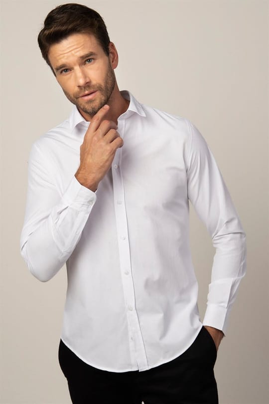 Slim Fit Uzun Kollu Armürlü Düğme Patı Manşet İçi Biyeli Erkek Beyaz Gömlek