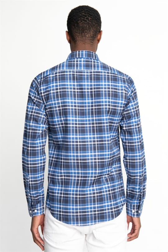 Erkek Slim Fit Dar Kesim Uzun Kollu Pamuklu Kolay Ütü Kareli Düğmeli Yaka Gömlek