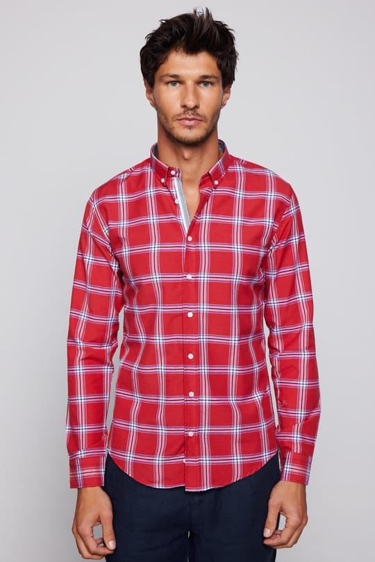 Erkek Slim Fit Dar Kesim Uzun Kollu Pamuklu Kolay Ütü Kareli Düğmeli Yaka Gömlek