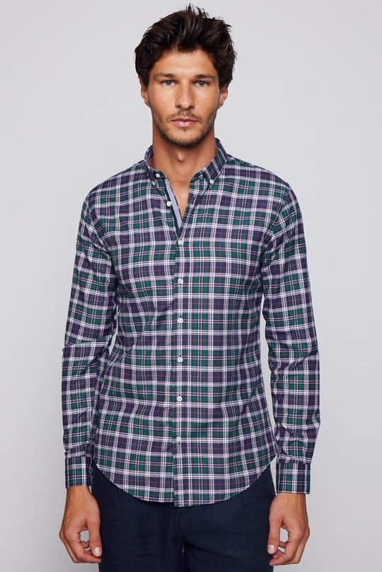 Erkek Slim Fit Dar Kesim Uzun Kollu Pamuklu Kolay Ütü Kareli Düğmeli Yaka Gömlek