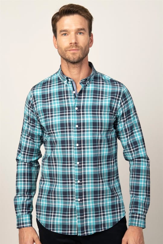 Erkek Slim Fit Dar Kesim Uzun Kollu Pamuklu Kolay Ütü Kareli Düğmeli Yaka Gömlek