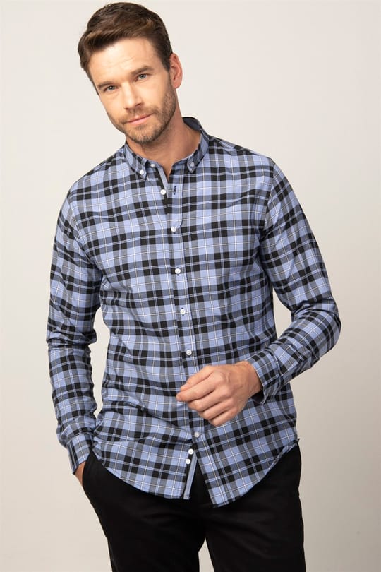 Erkek Slim Fit Dar Kesim Uzun Kollu Pamuklu Kolay Ütü Kareli Düğmeli Yaka Gömlek