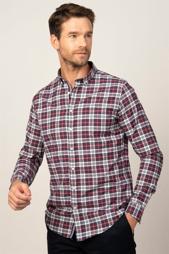 Erkek Slim Fit Dar Kesim Uzun Kollu Pamuklu Kolay Ütü Kareli Düğmeli Yaka Gömlek