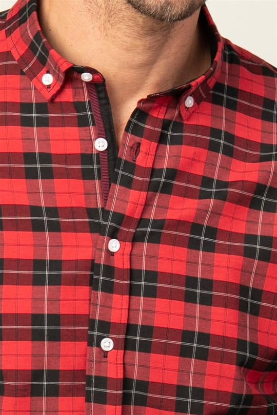 Erkek Slim Fit Dar Kesim Uzun Kollu Pamuklu Kolay Ütü Kareli Düğmeli Yaka Gömlek