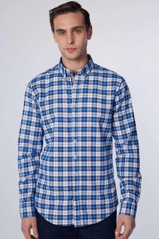 Slim Fit Düğmeli Yaka Kareli Pamuklu Kolay Ütü Erkek Gömlek
