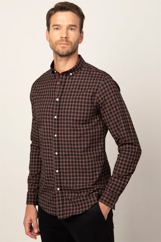 Slim Fit Uzun Kol Ekoseli Biyeli Yaka Düğmeli Erkek Gömlek