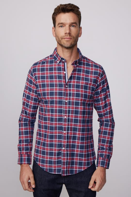 Erkek Slim Fit Dar Kesim Uzun Kollu Pamuklu Kolay Ütü Kareli Düğmeli Yaka Gömlek