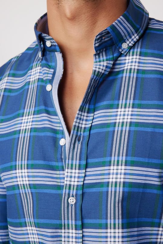 Erkek Slim Fit Dar Kesim Uzun Kollu Pamuklu Kolay Ütü Kareli Düğmeli Yaka Gömlek