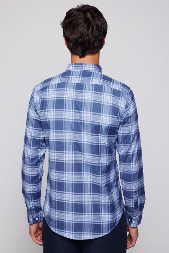 Erkek Slim Fit Dar Kesim Uzun Kollu Pamuklu Kolay Ütü Kareli Düğmeli Yaka Gömlek