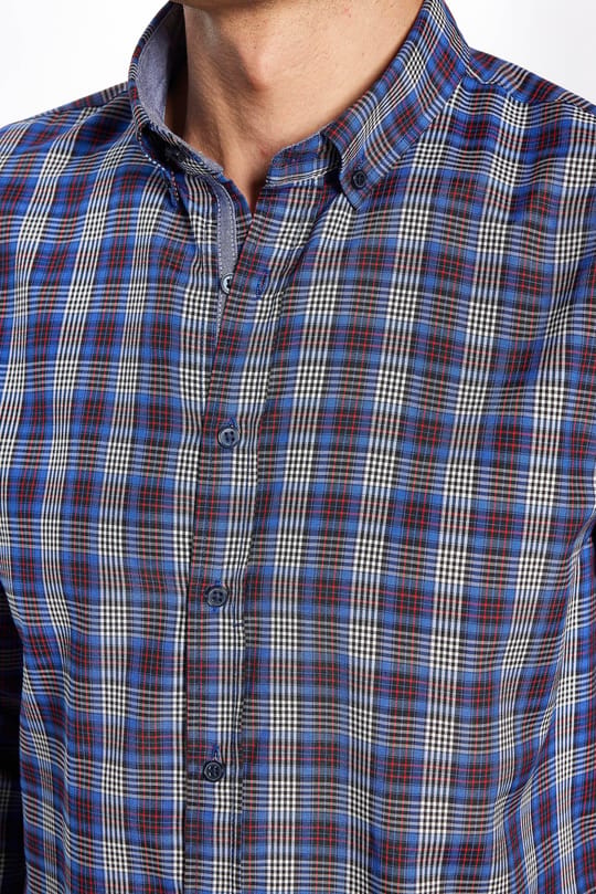 Erkek Slim Fit Dar Kesim Uzun Kollu Pamuklu Kolay Ütü Kareli Düğmeli Yaka Gömlek