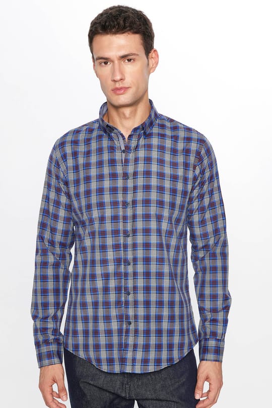Erkek Slim Fit Dar Kesim Uzun Kollu Pamuklu Kolay Ütü Kareli Düğmeli Yaka Gömlek