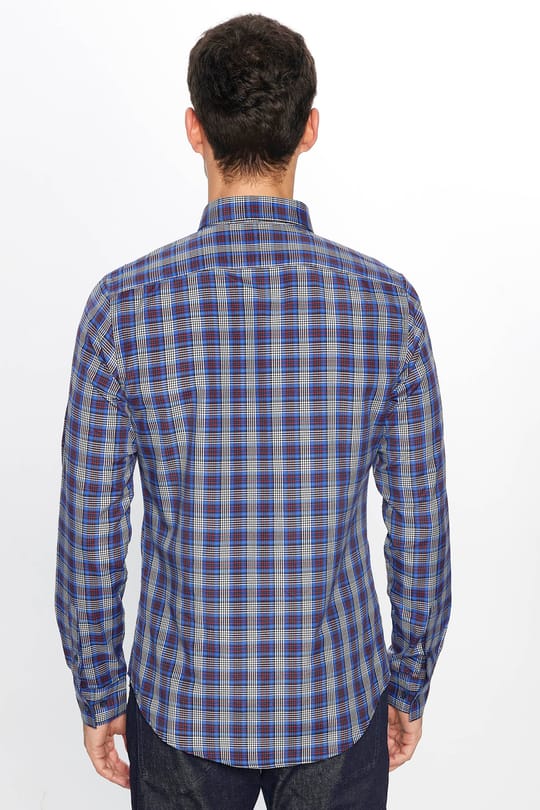 Erkek Slim Fit Dar Kesim Uzun Kollu Pamuklu Kolay Ütü Kareli Düğmeli Yaka Gömlek