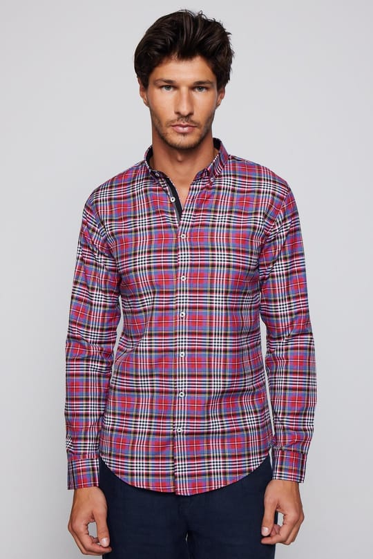 Erkek Slim Fit Dar Kesim Uzun Kollu Pamuklu Kolay Ütü Kareli Düğmeli Yaka Gömlek