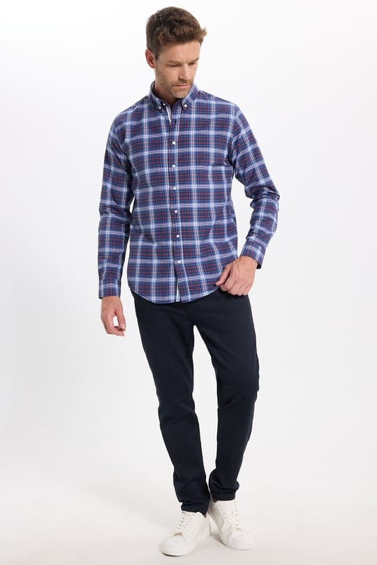 Erkek Slim Fit Dar Kesim Uzun Kollu Pamuklu Kolay Ütülenebilir Kareli Düğmeli Yaka Gömlek