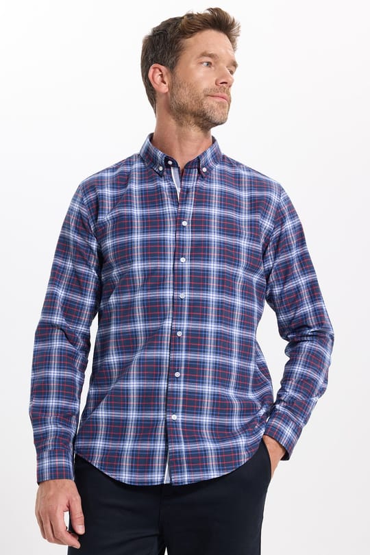 Erkek Slim Fit Dar Kesim Uzun Kollu Pamuklu Kolay Ütülenebilir Kareli Düğmeli Yaka Gömlek