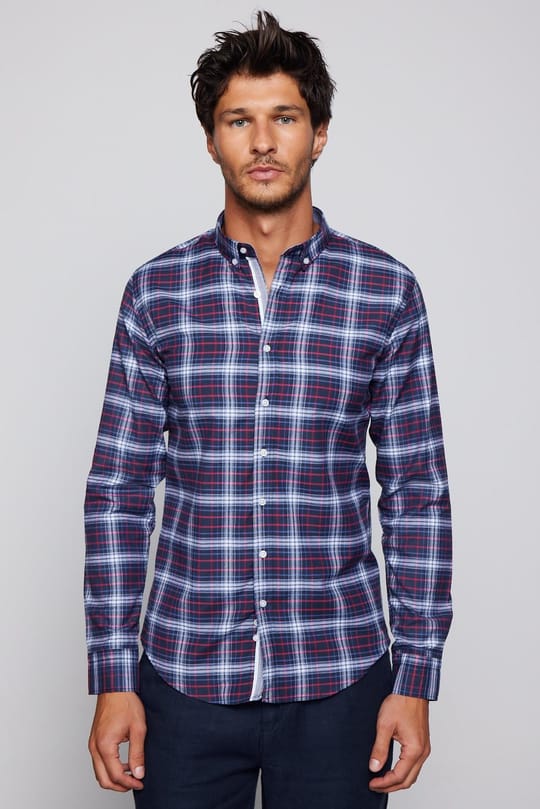 Erkek Slim Fit Dar Kesim Uzun Kollu Pamuklu Kolay Ütü Kareli Düğmeli Yaka Gömlek