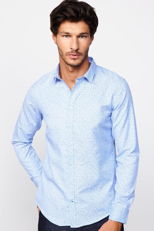 Slim Fit Dar Kesim Desenli Pamuklu Kolay Ütülenebilir Mavi Erkek Gömlek