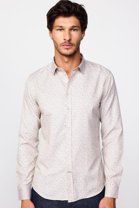 Slim Fit Uzun Kollu Dar Kesim Desenli Pamuklu Kolay Ütülenebilir Bej Erkek Gömlek