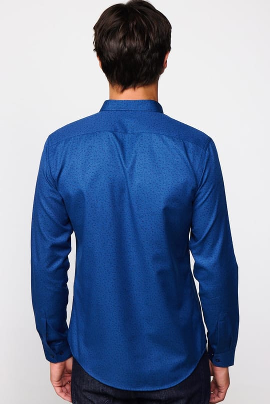 Slim Fit Uzun Kollu Dar Kesim Desenli Pamuklu Kolay Ütülenebilir İndigo Erkek Gömlek