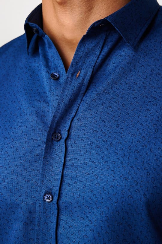 Slim Fit Uzun Kollu Dar Kesim Desenli Pamuklu Kolay Ütülenebilir İndigo Erkek Gömlek