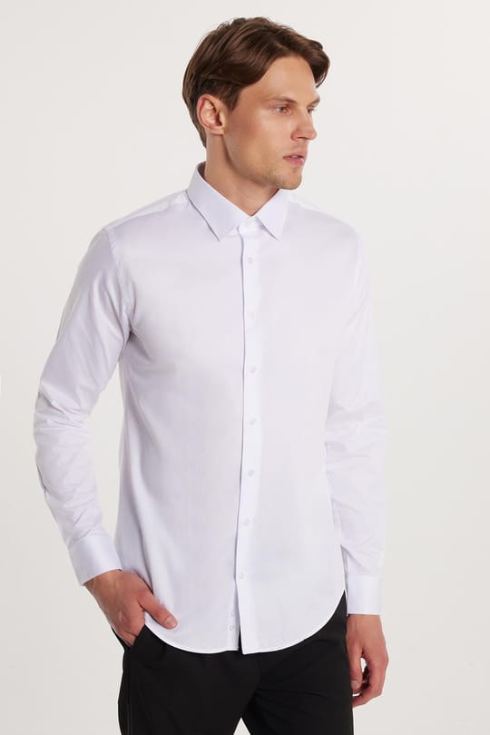 Slım Fıt Uzun Kollu %100 Koton Saten Premium Erkek Beyaz Gömlek