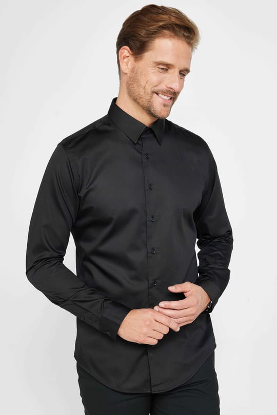 Slım Fıt Uzun Kollu %100 Koton Saten Premium Erkek Siyah Gömlek