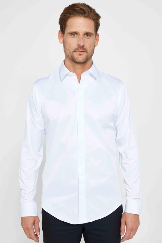 Slim Fit Uzun Kollu Gizli Pat Sırtı Körüklü Düz Erkek Beyaz Gömlek