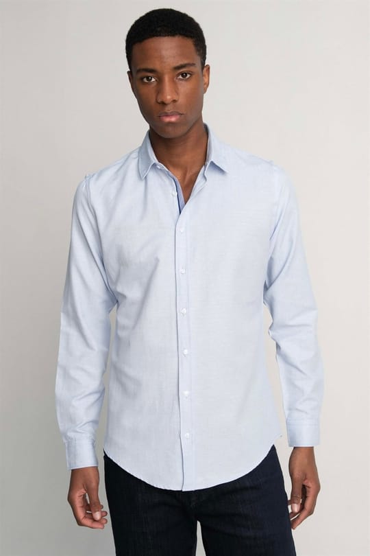 Slim Fit Uzun Kollu Oxford Doku Armürlü Biyeli Erkek Mavi Gömlek